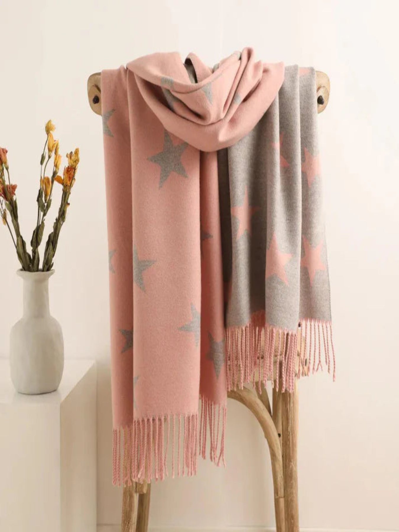 Star Pattern Reversible Winter Cashmere Wrap Tassel Scarf In Pink