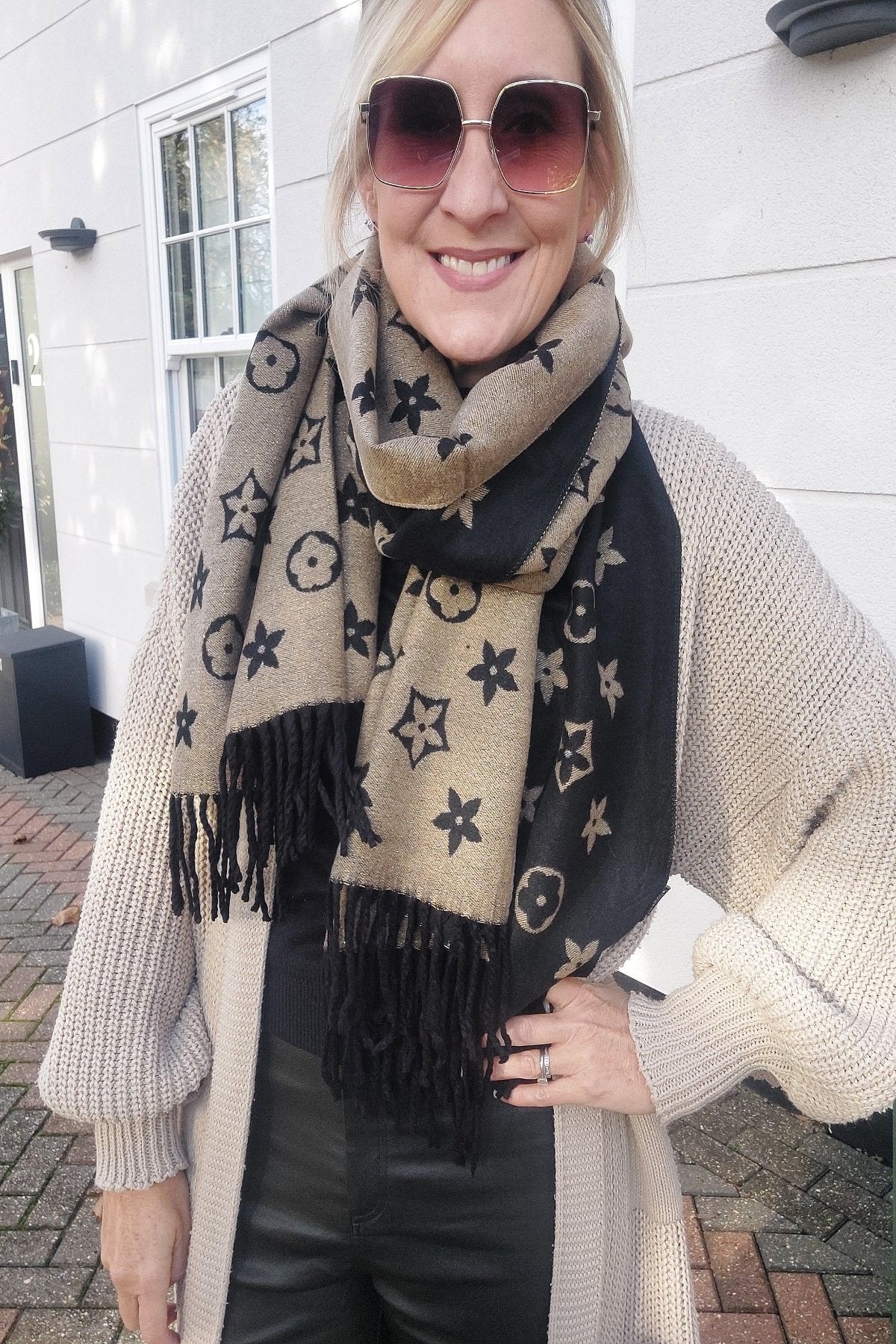Reversible Floral Print Metallic Thread Tassel Scarf In Black/Gold - Filli London