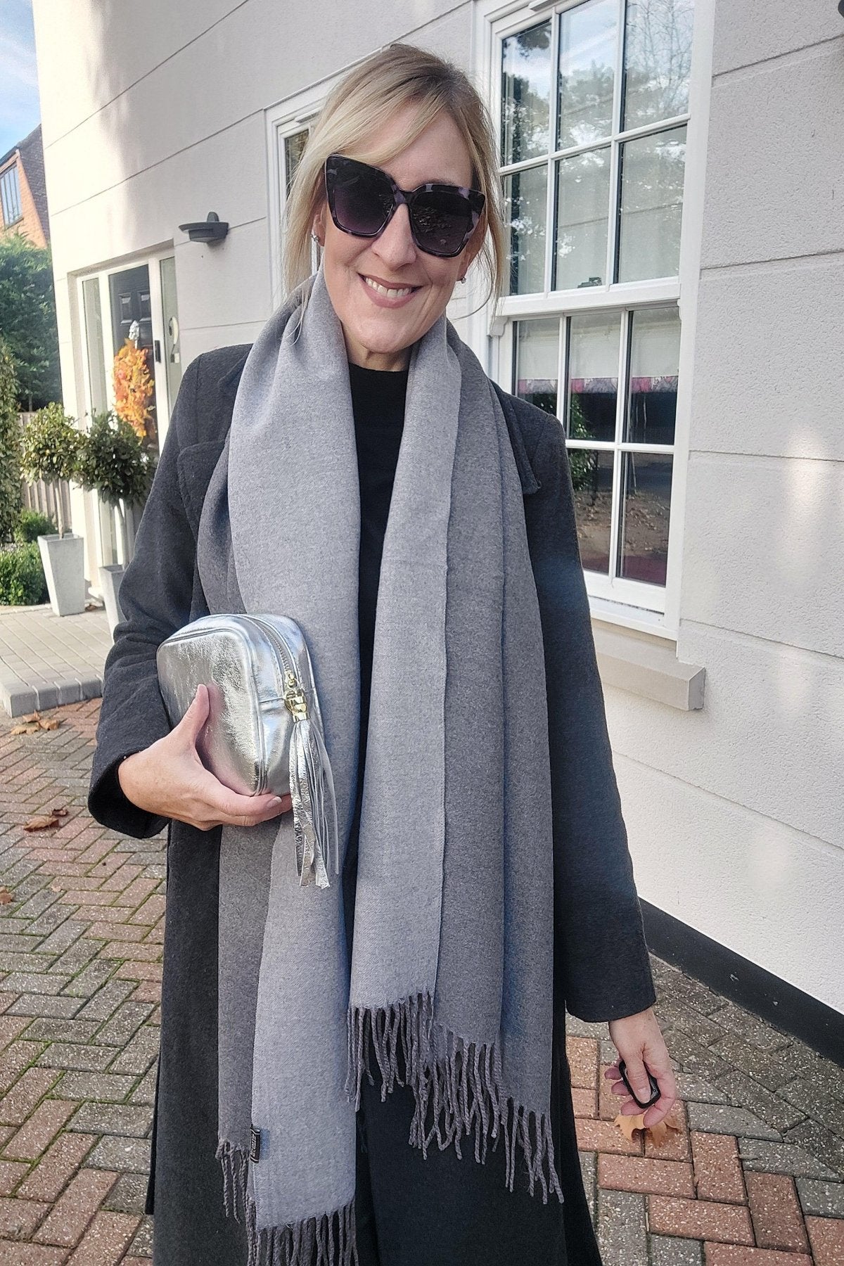 Warm Reversible Plain Tassel Blanket Scarf In Heather Grey - Filli London
