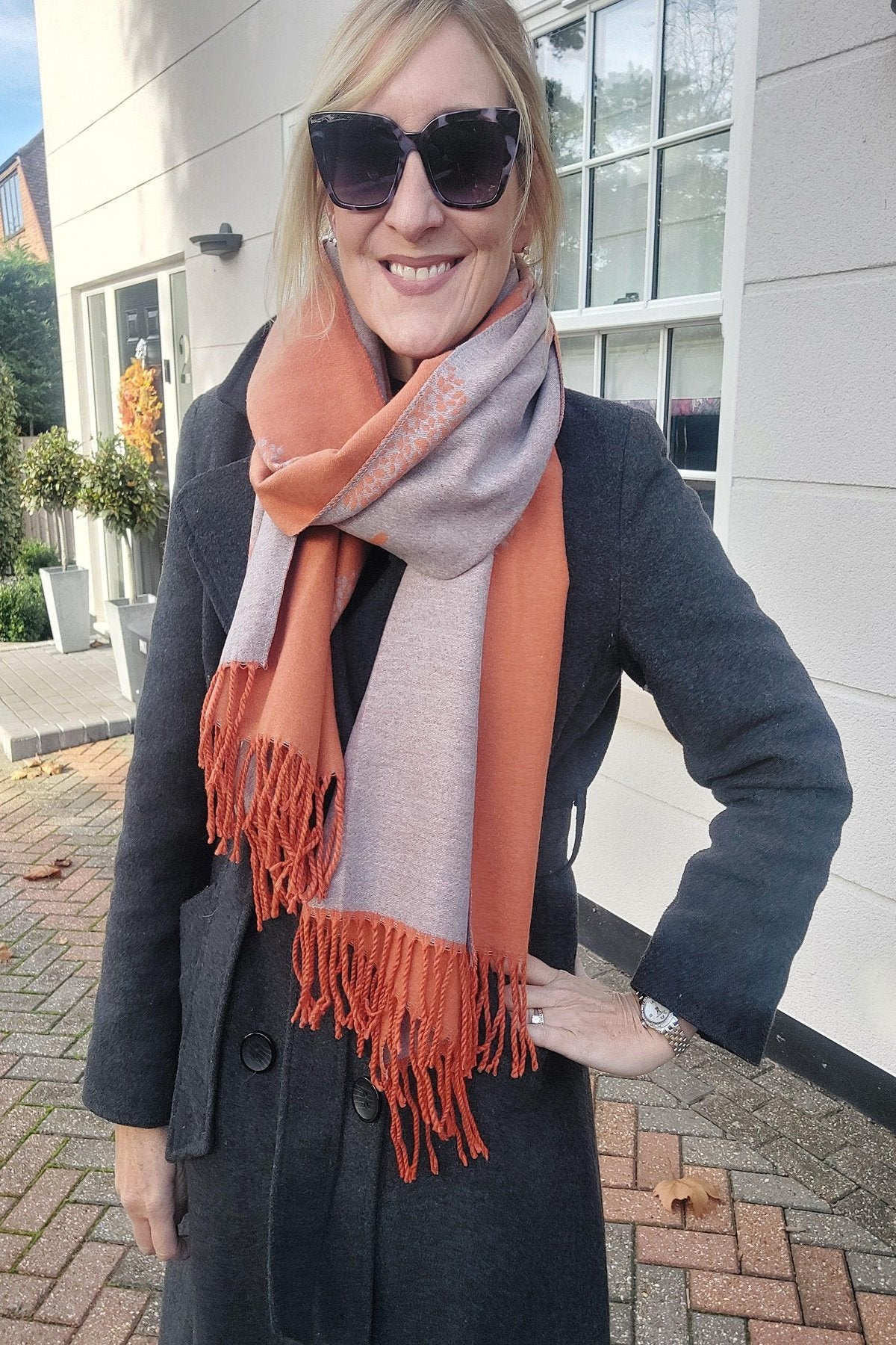 Tree Print Reversible Soft Blanket Scarf In Orange/Grey - Filli London