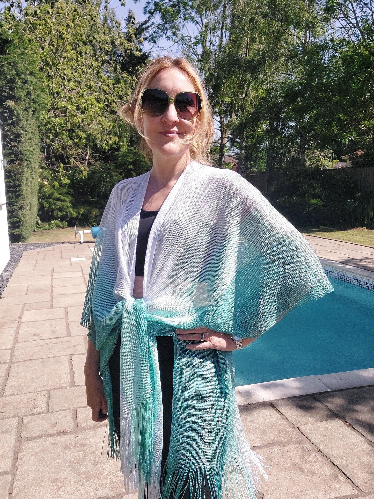 Shimmering Metallic Tassel Kimono/Cover Up In Green
