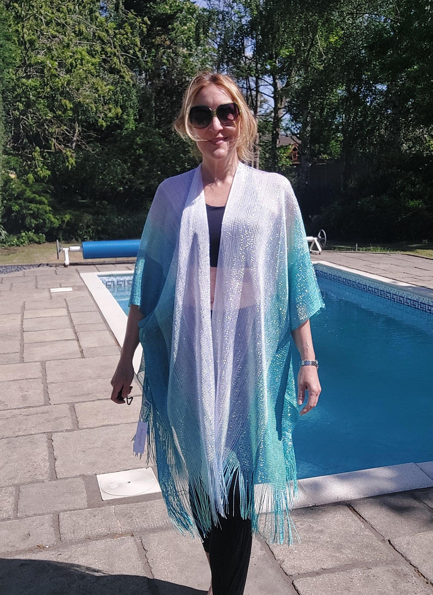 Shimmering Metallic Tassel Kimono/Cover Up In Green