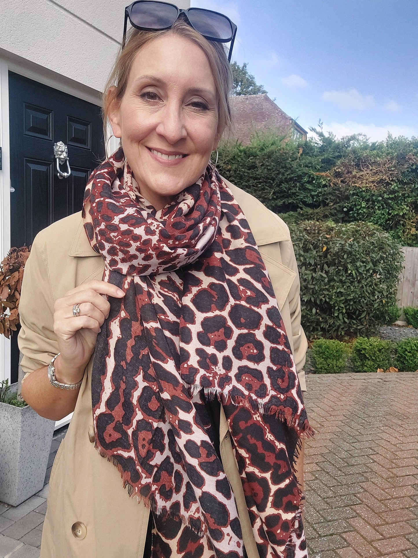 Leopard Print Scarf In Brown/Burgundy