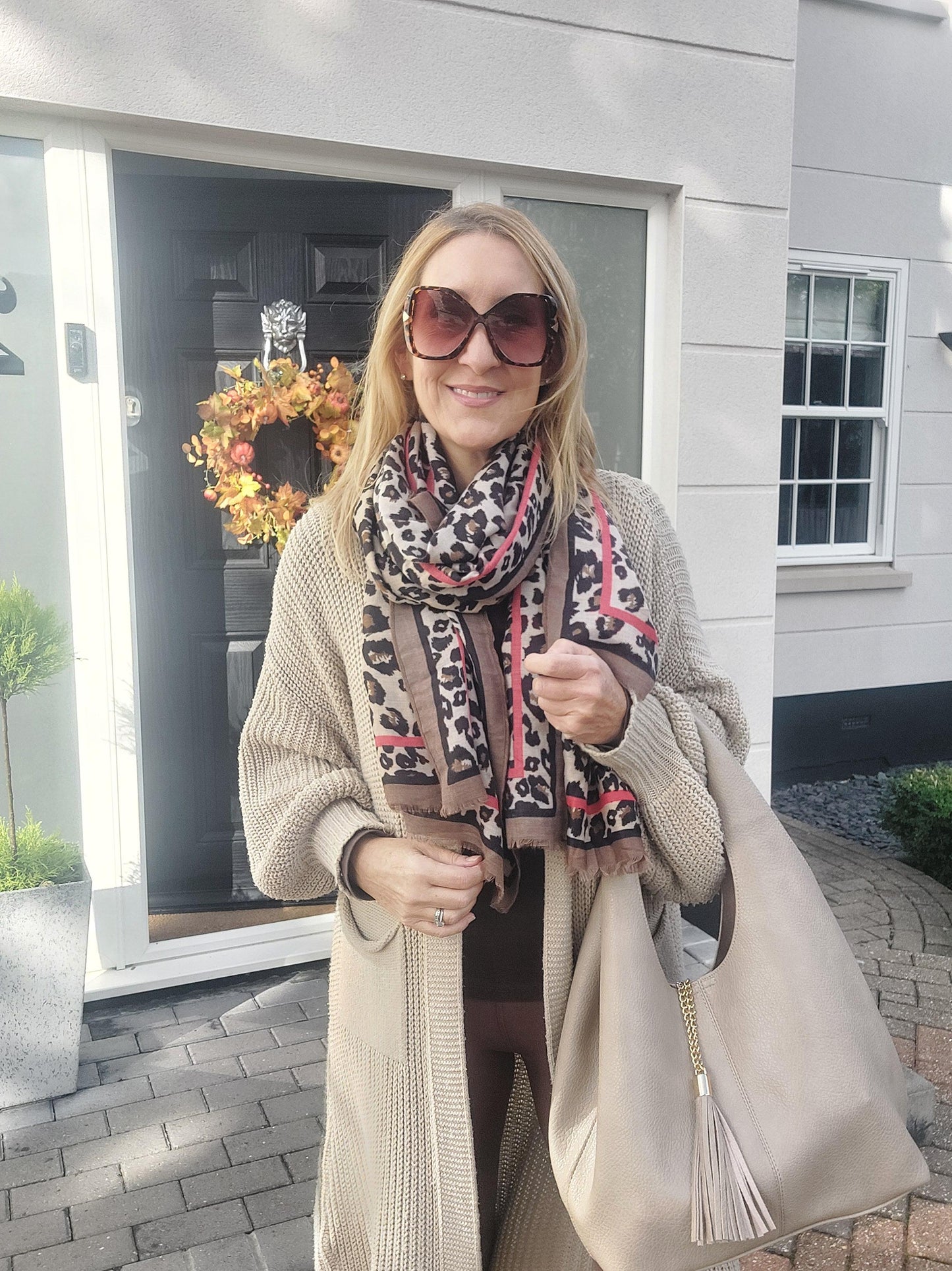 Leopard Print Scarf In Brown/Red Stripe