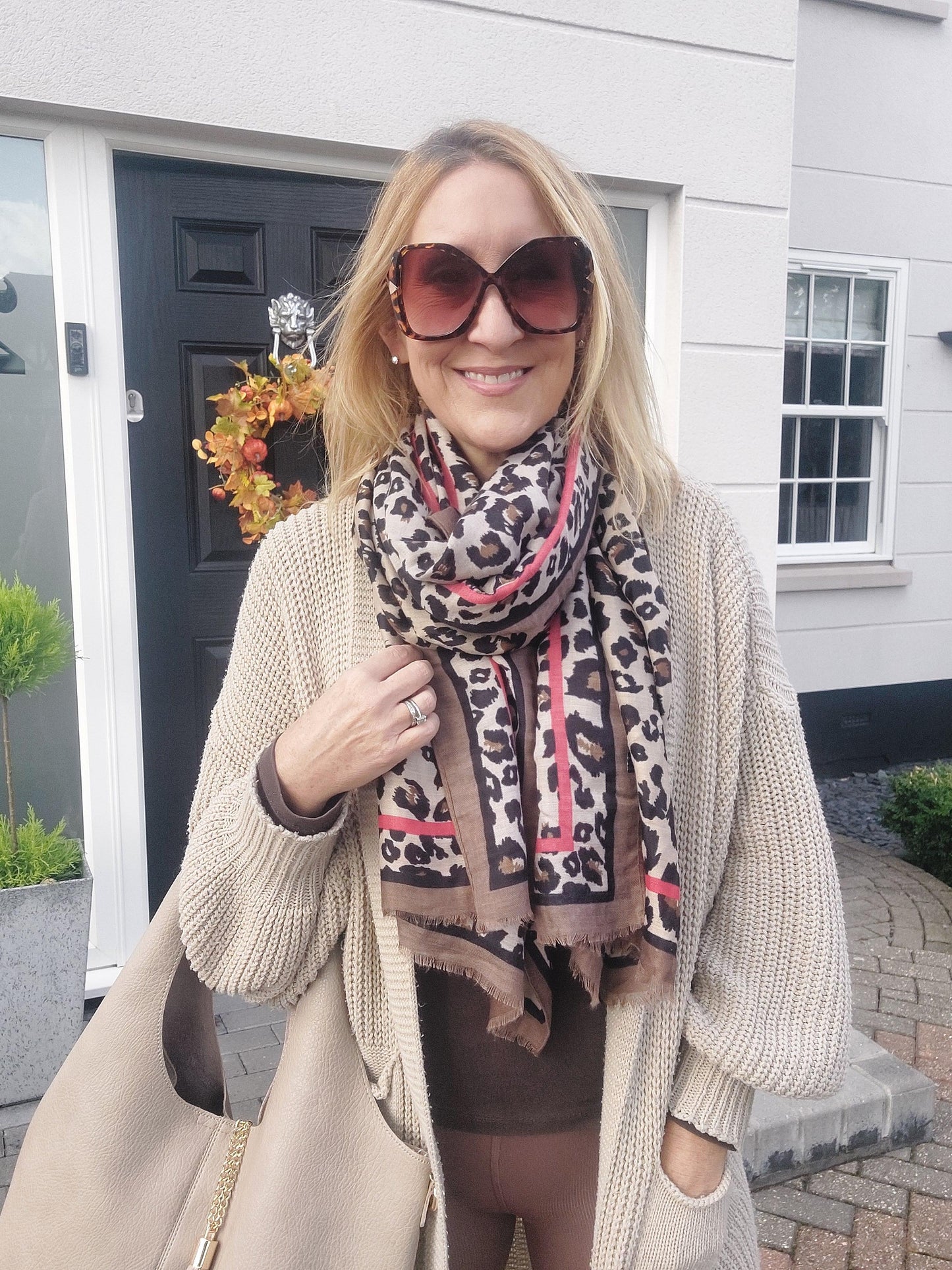 Leopard Print Scarf In Brown/Red Stripe