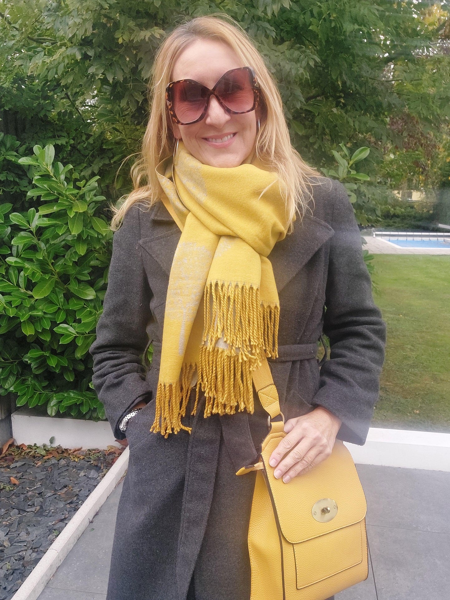 Tree Print Cashmere Winter Wrap Scarf In Mustard