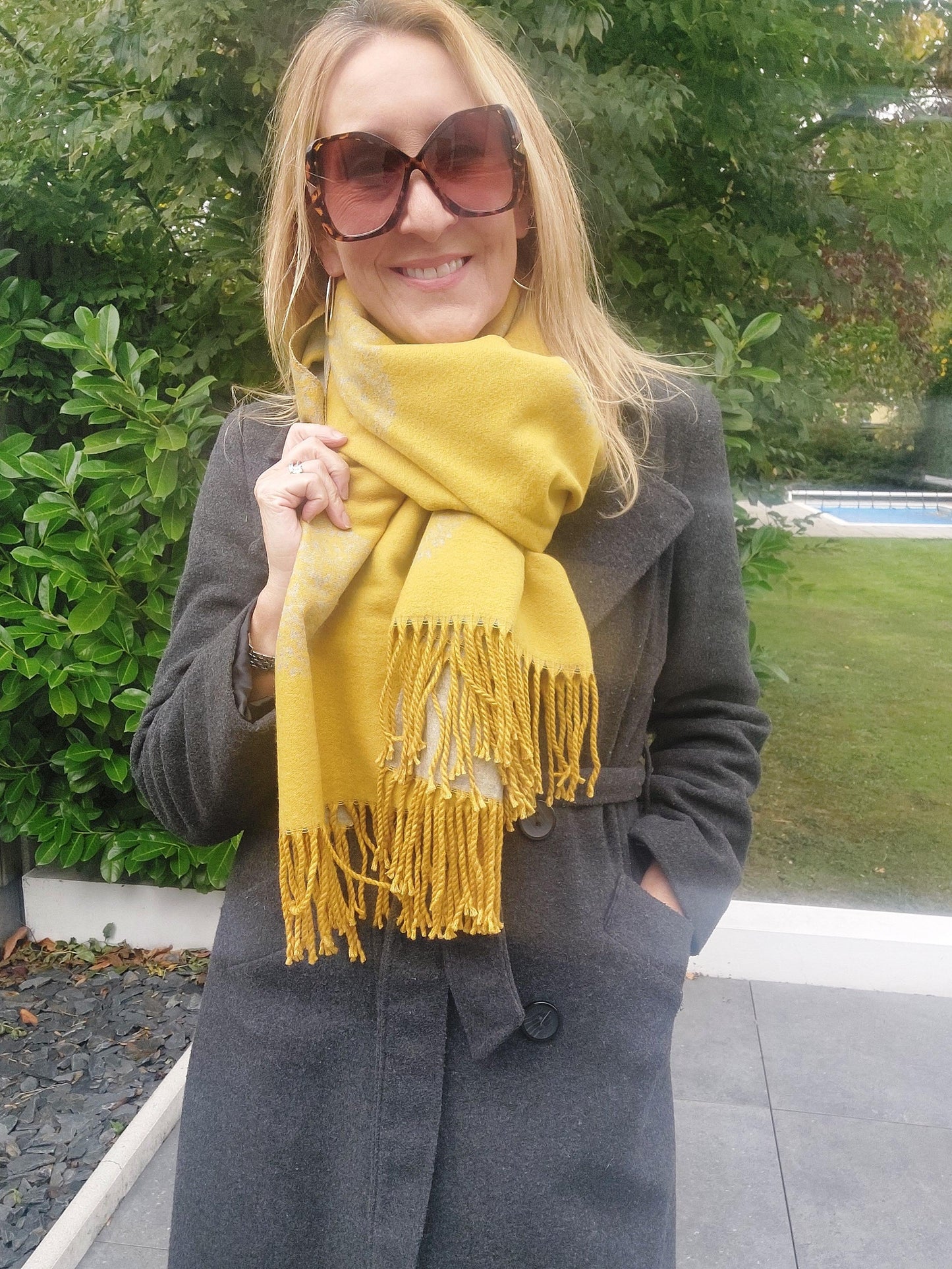 Tree Print Cashmere Winter Wrap Scarf In Mustard