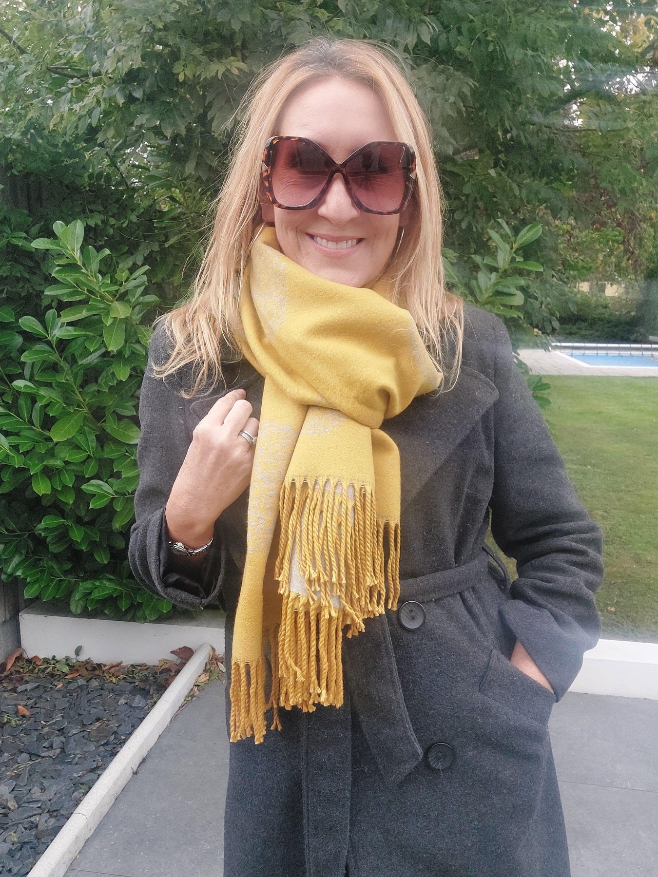 Tree Print Cashmere Winter Wrap Scarf In Mustard