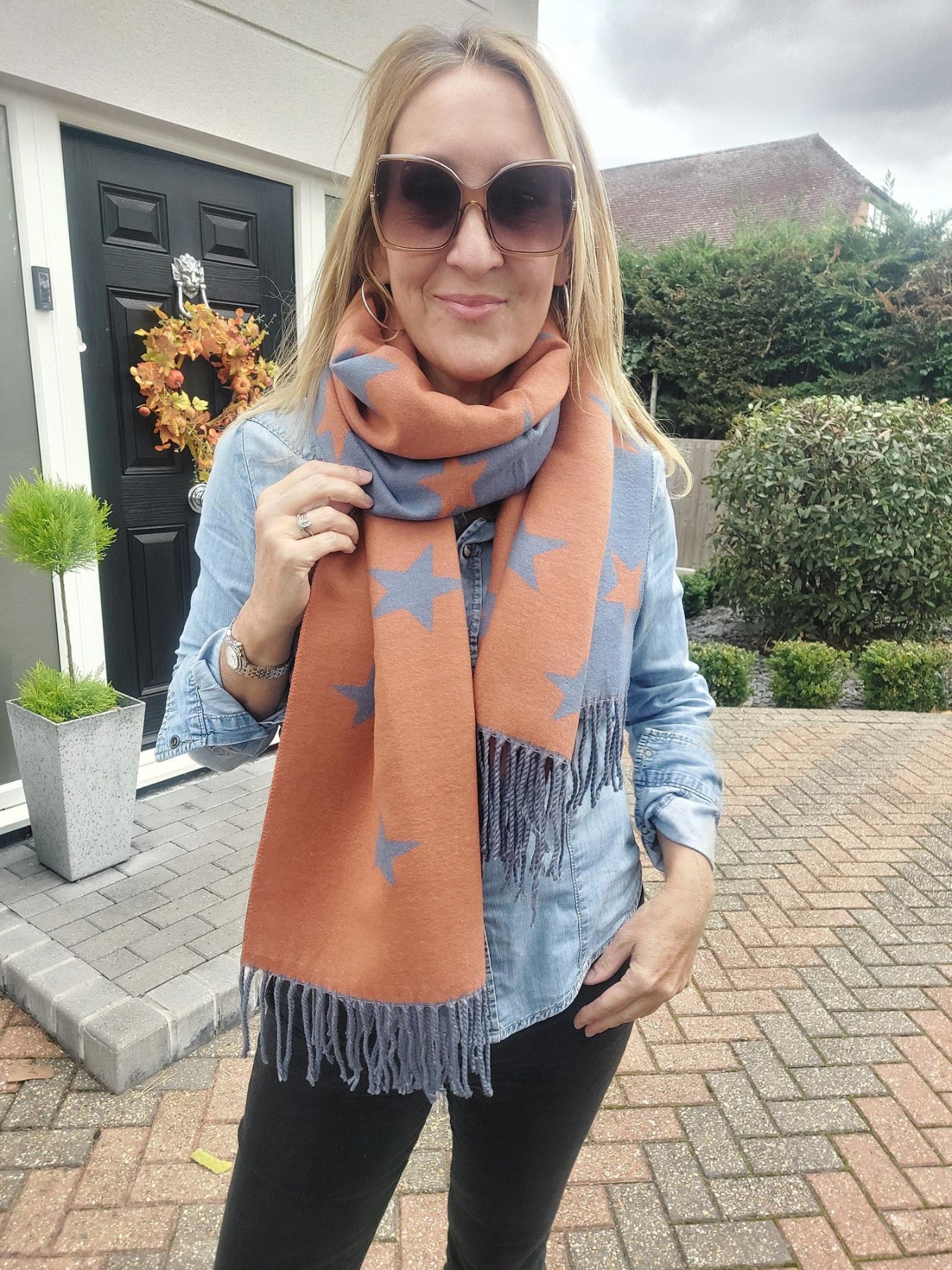 Star Pattern Reversible Winter Cashmere Wrap Tassel Scarf In Blue/Orange