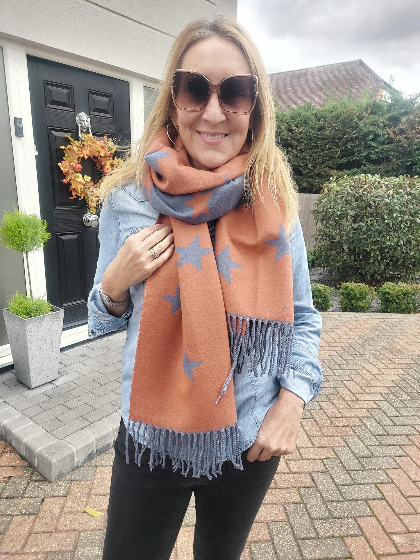 Star Pattern Reversible Winter Cashmere Wrap Tassel Scarf In Blue/Orange