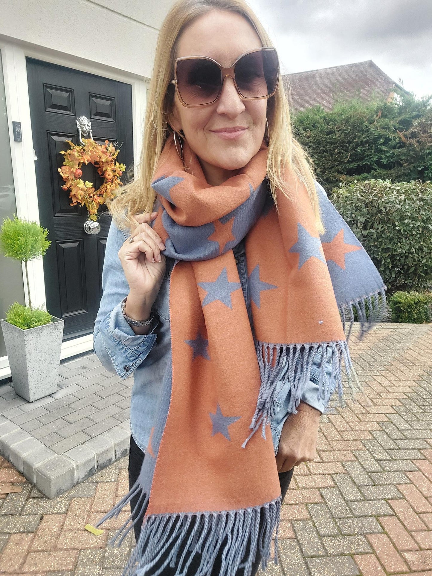 Star Pattern Reversible Winter Cashmere Wrap Tassel Scarf In Blue/Orange