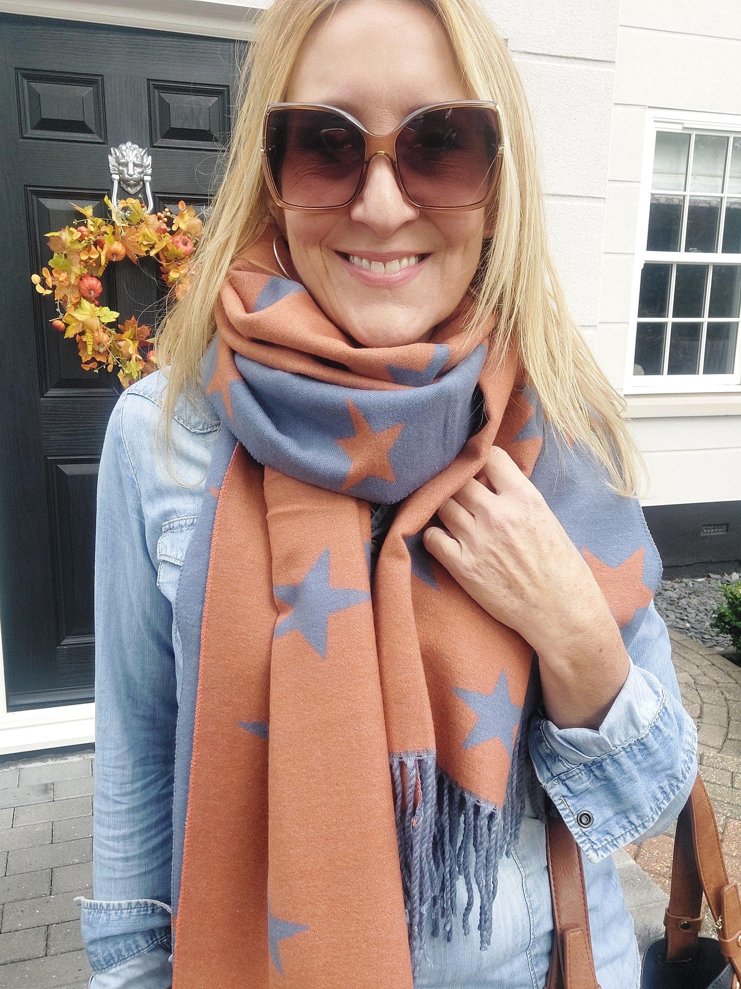 Star Pattern Reversible Winter Cashmere Wrap Tassel Scarf In Blue/Orange