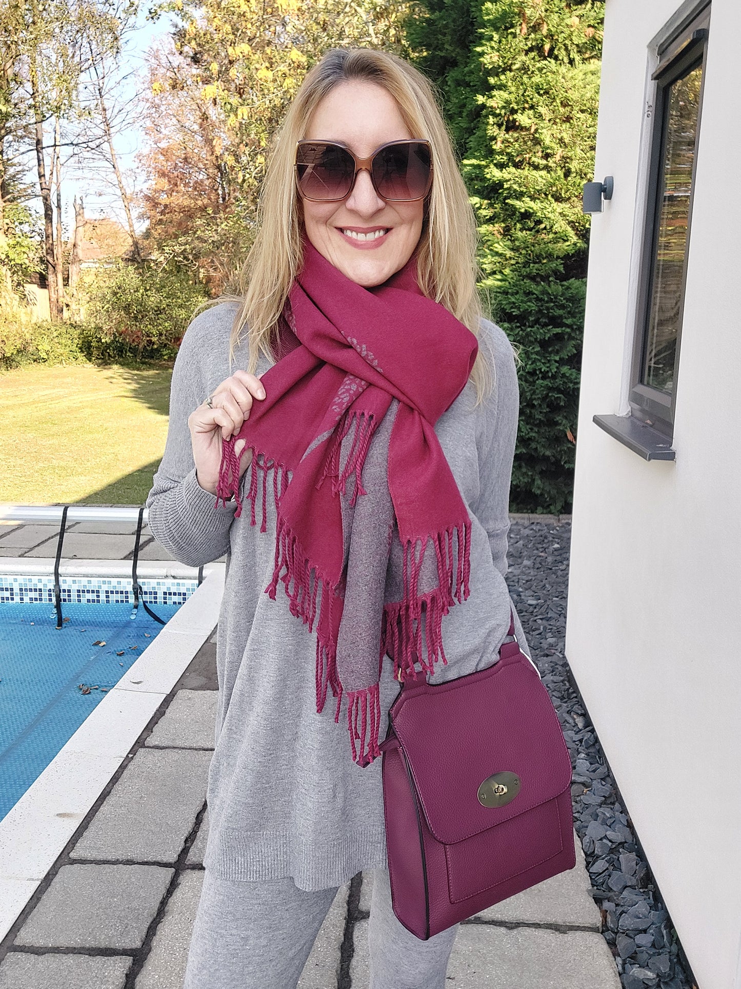 Tree Print Cashmere Winter Wrap Scarf In Wine