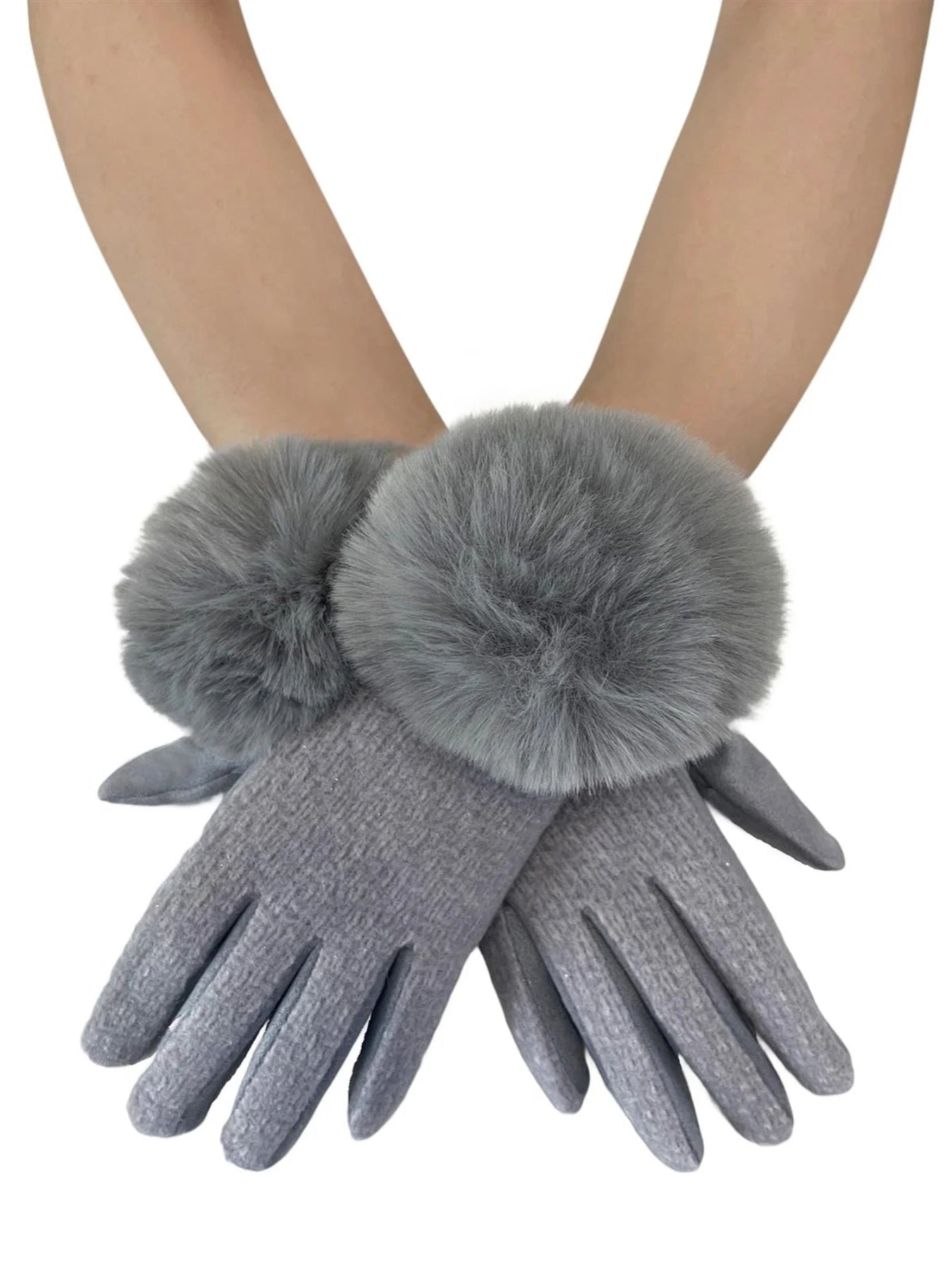 Fur Pom Pom Touch Screen Gloves In Grey - Filli London