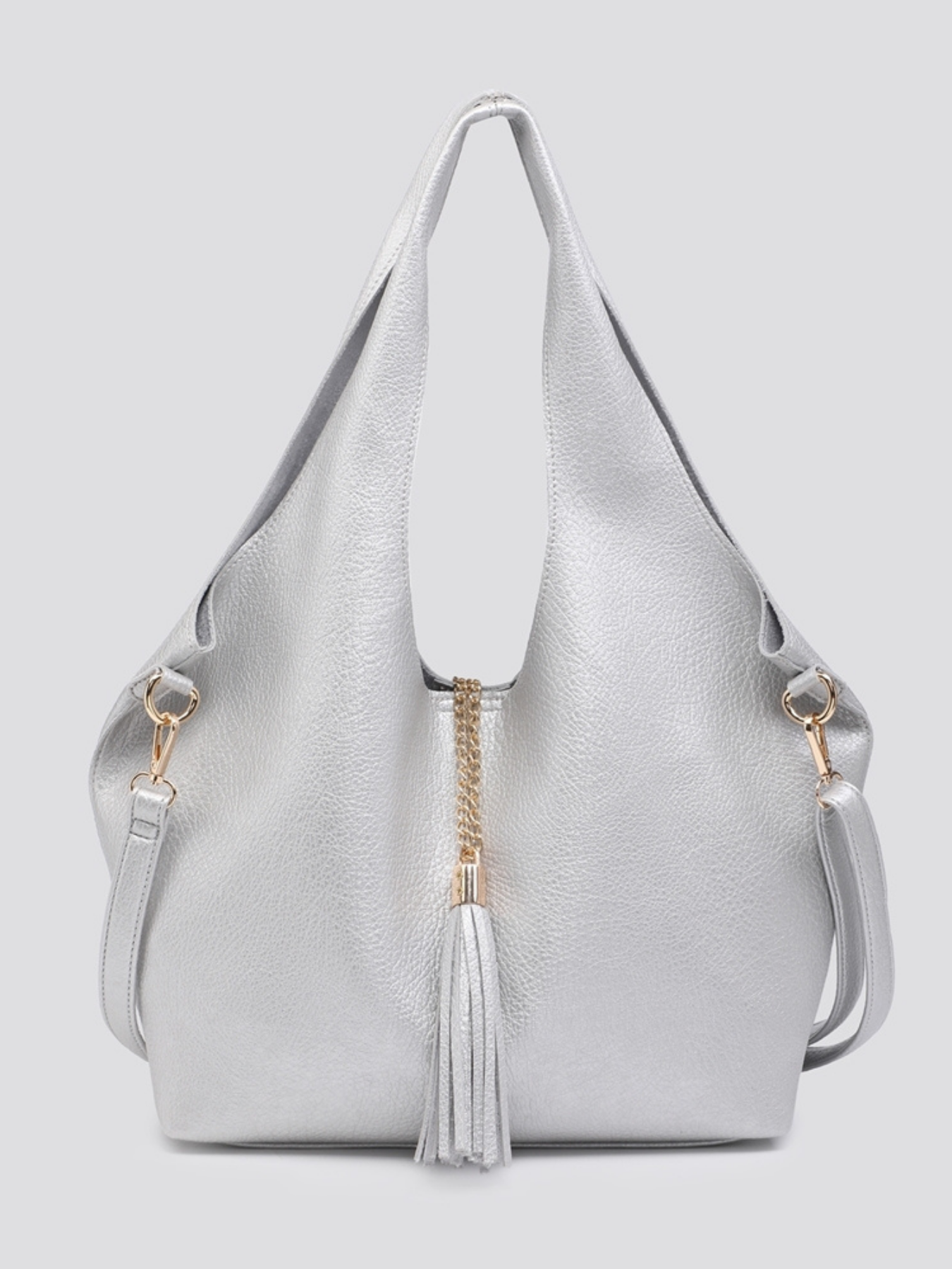 Leather Look Tote Bag Set In Silver
