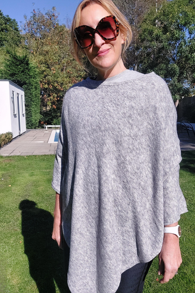 Wool Knit Poncho With Pearl Detail In Grey