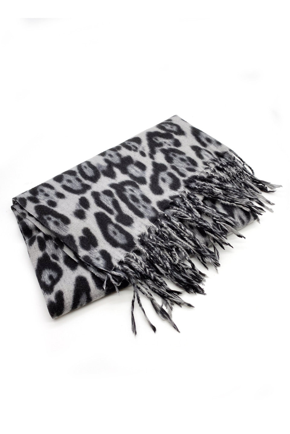 Luxury Warm Leopard Wool Mix Scarf with Tassels In Grey - Filli London