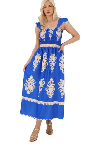 Petra Paisley Print Shirred Dress In Royal Blue