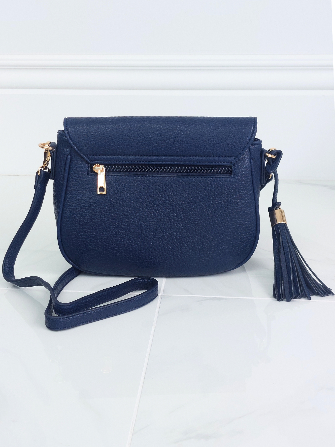 Classic Crossbody Saddle Bag with Magnetic Clasp In Navy Blue