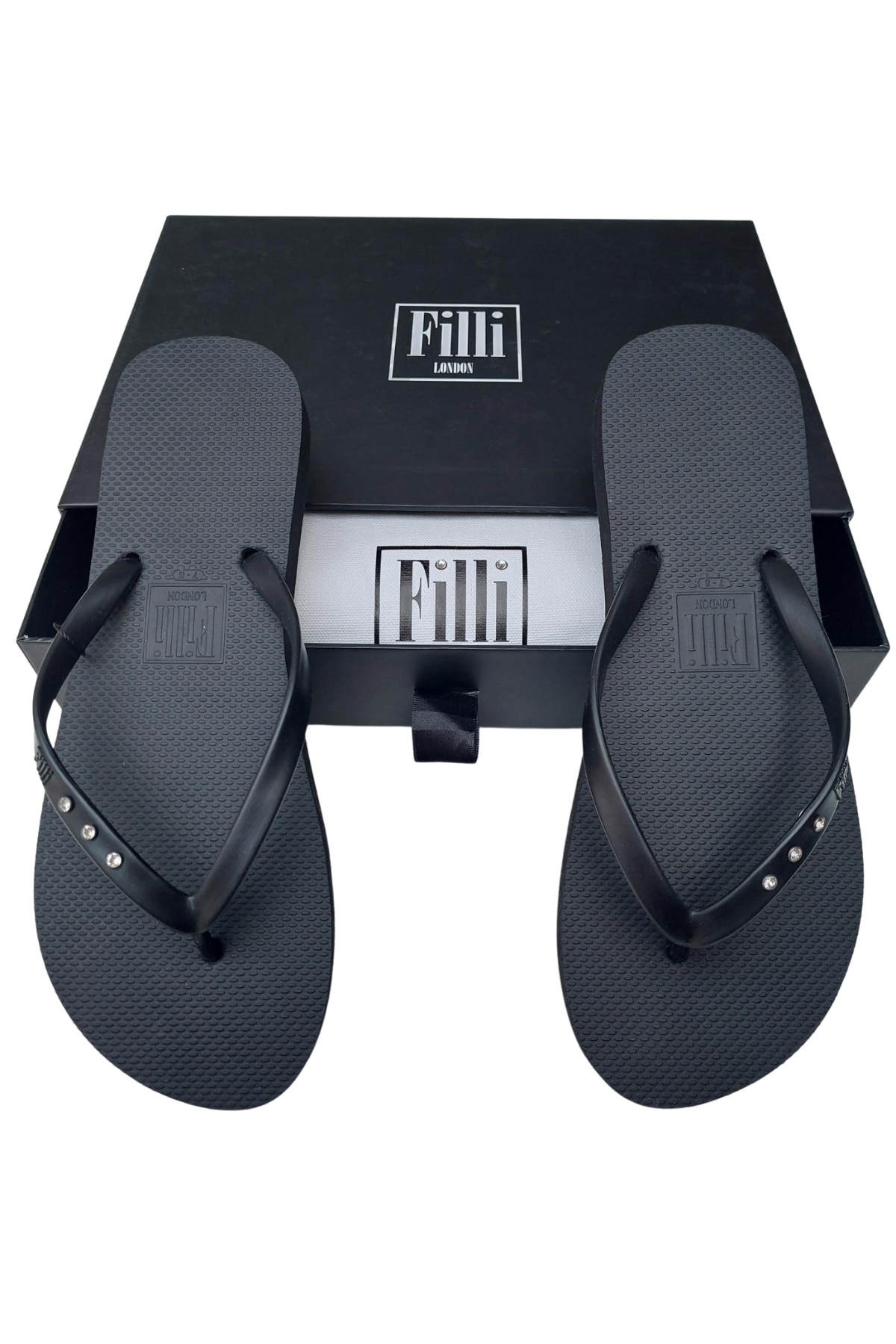 St Tropez Crystal Flip Flops - Black - Filli London