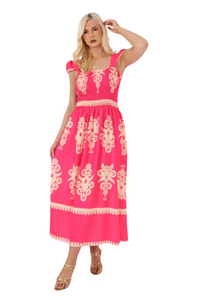 Petra Paisley Print Shirred Dress In Fuchsia Pink