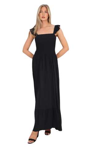 Phoebe Frill Strap Shirred Maxi Dress In Black