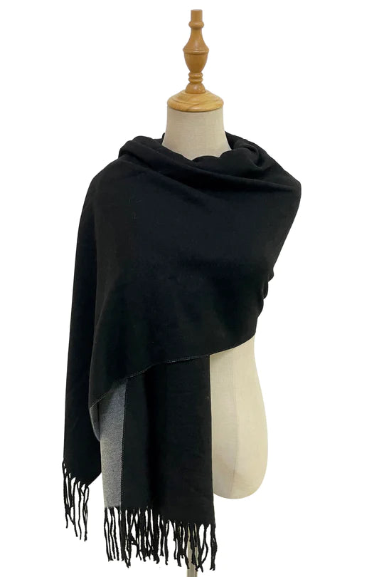 Warm Reversible Plain Tassel Blanket Scarf In Black/Grey - Filli London