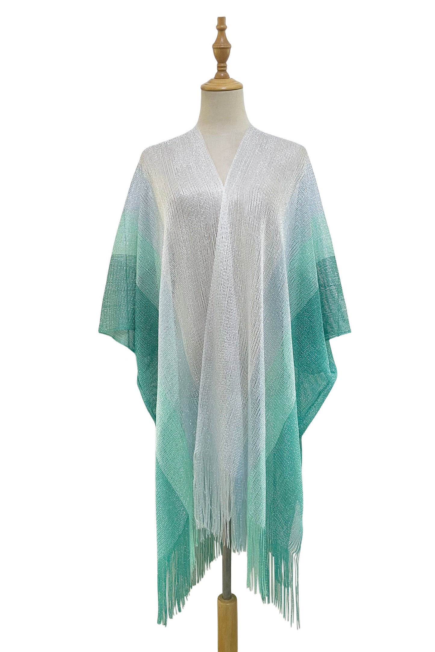 Shimmering Metallic Tassel Kimono/Cover Up In Green