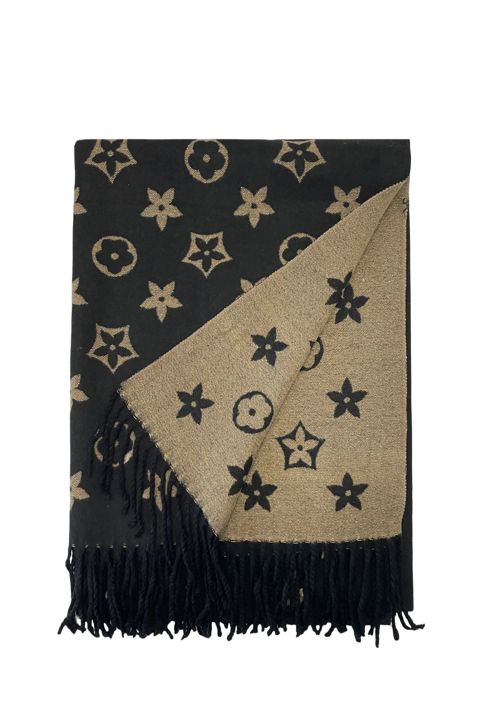 Reversible Floral Print Metallic Thread Tassel Scarf In Black/Gold - Filli London