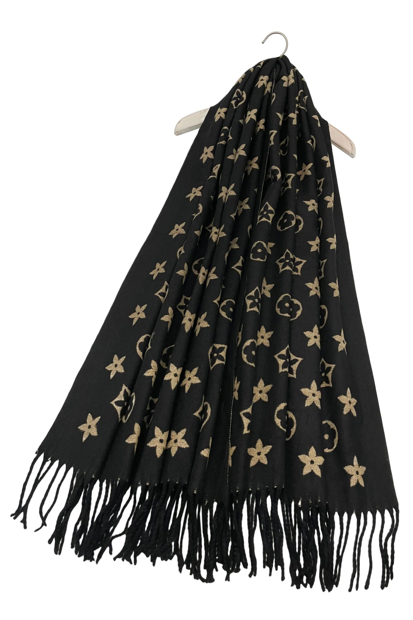 Reversible Floral Print Metallic Thread Tassel Scarf In Black/Gold - Filli London