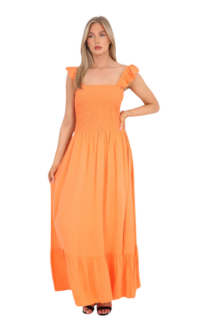 Phoebe Frill Strap Shirred Maxi Dress In Orange