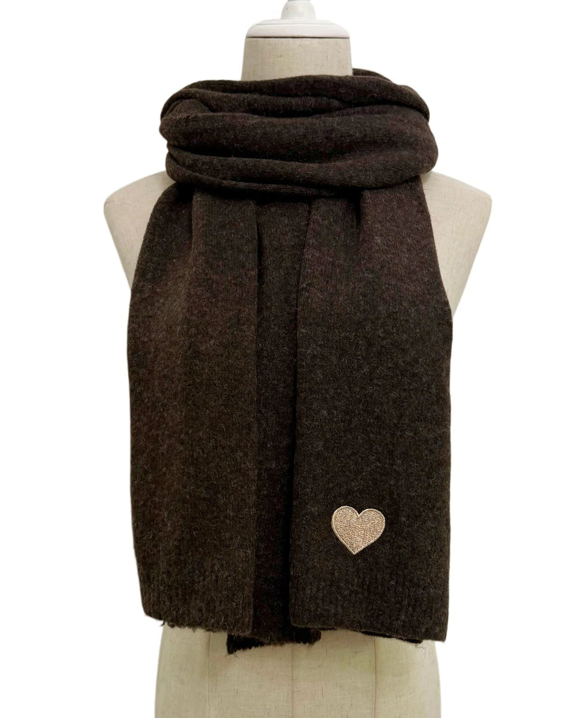 Chocolate brown wool blend scarf with delicate embroidered heart detail at the corner.