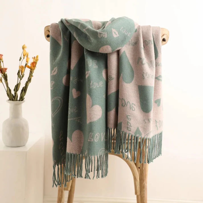 Love Heart Reversible Winter Wrap Scarf With Cashmere In Green