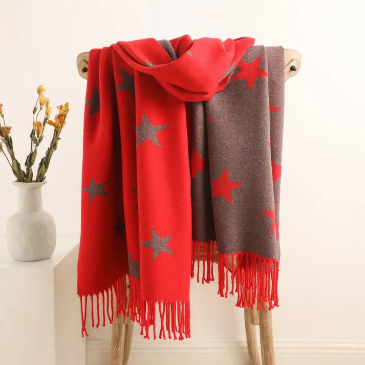 Star Pattern Reversible Winter Cashmere Wrap Tassel Scarf In Red