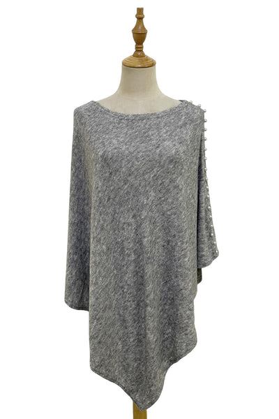 Wool Knit Poncho With Pearl Detail In Grey