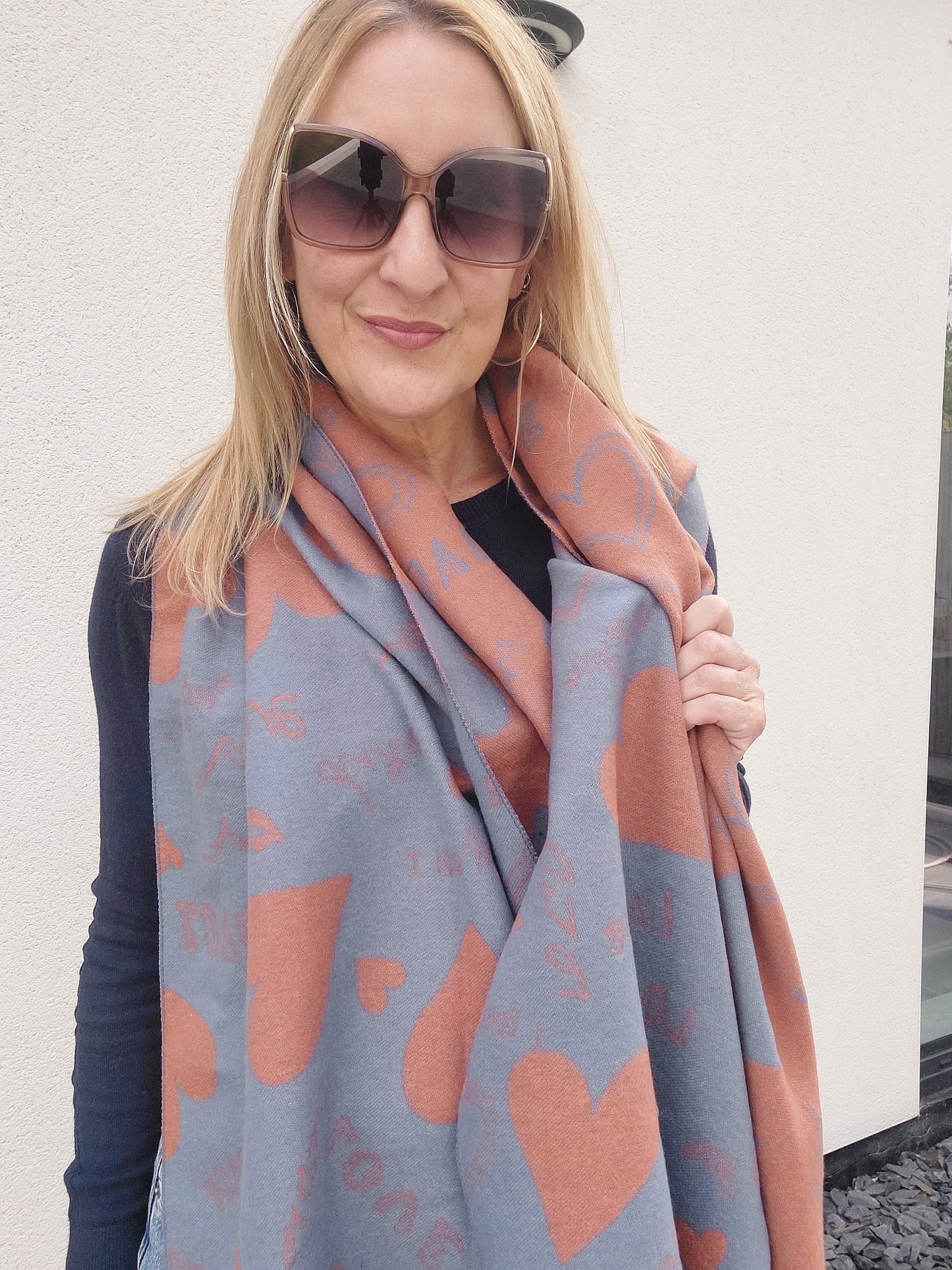Love Heart Reversible Winter Wrap Scarf With Cashmere In Blue/Orange
