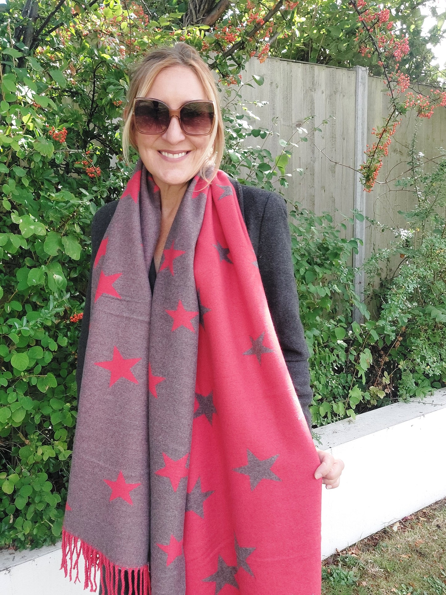 Star Pattern Reversible Winter Cashmere Wrap Tassel Scarf In Red
