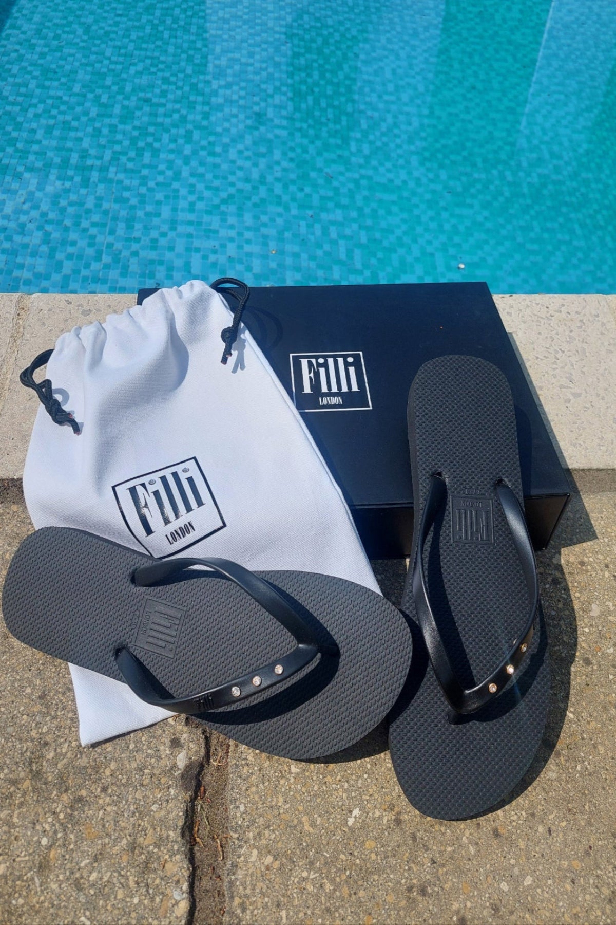 St Tropez Crystal Flip Flops In Black - Filli London