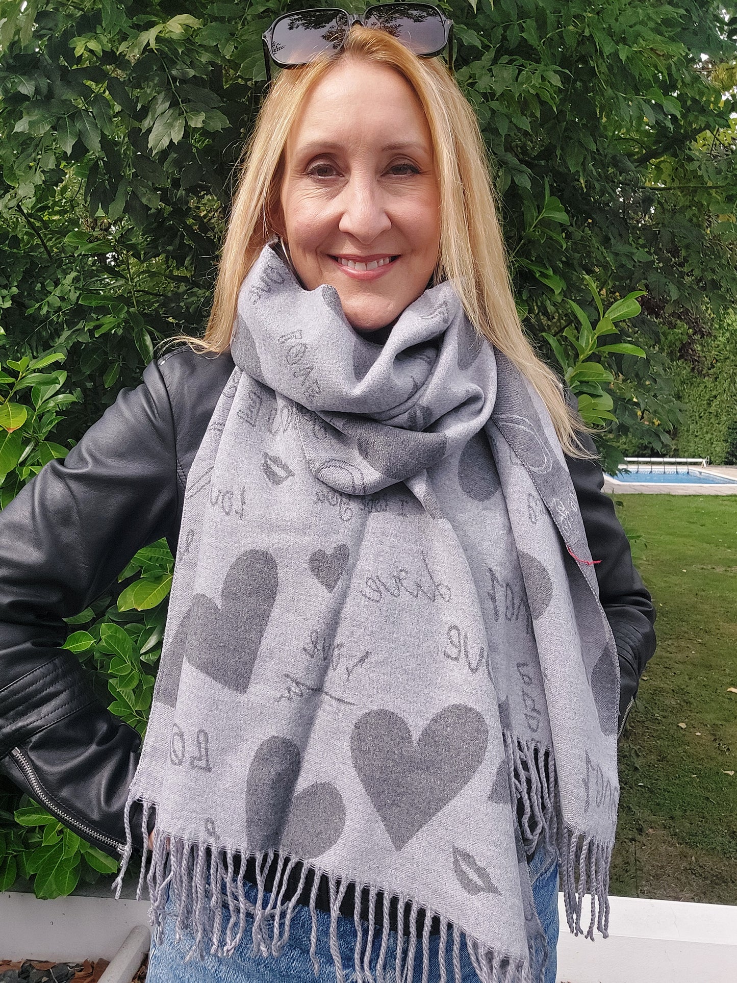 Love Heart Reversible Winter Wrap Scarf With Cashmere In Grey