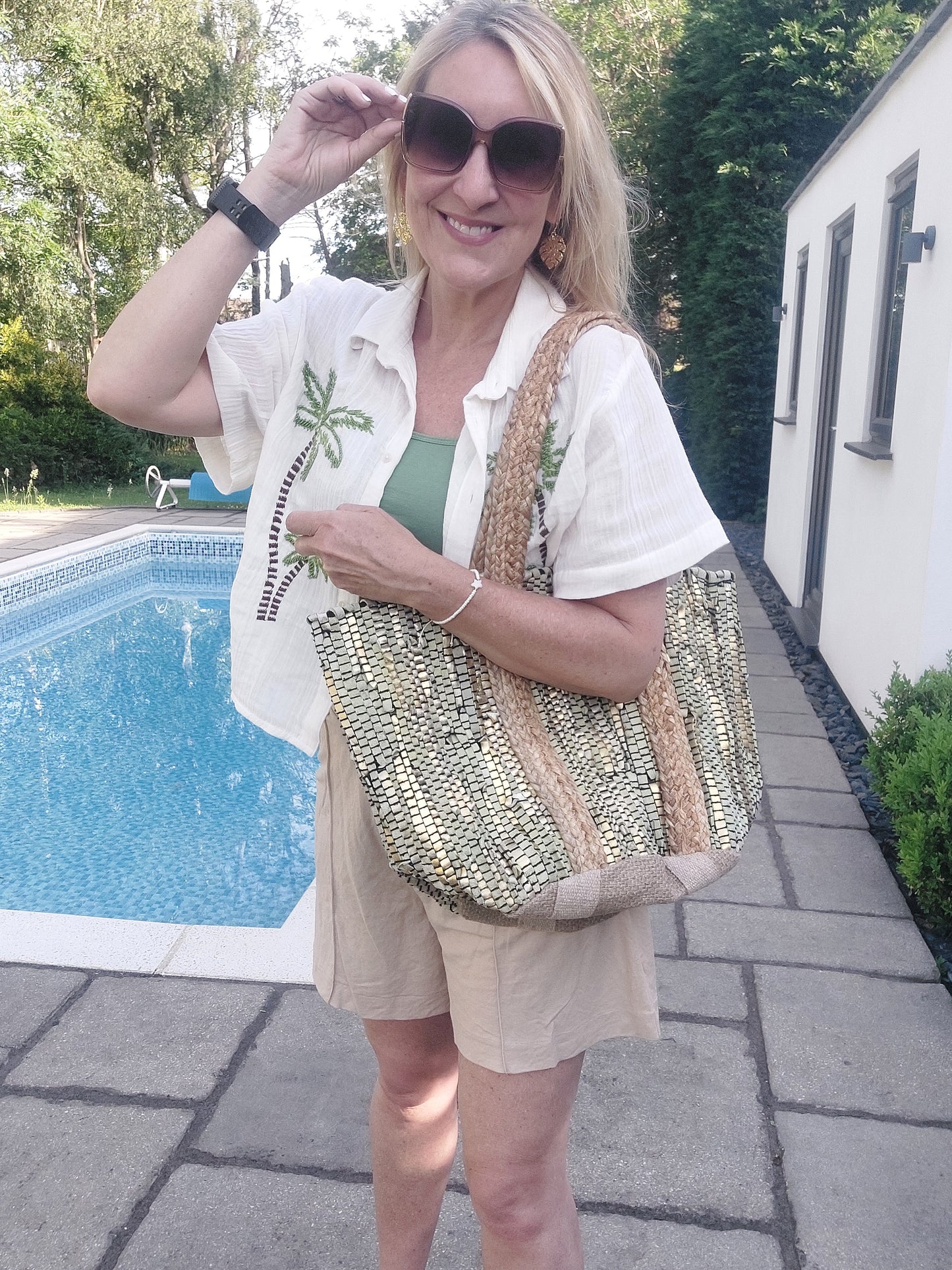 Luxe Edit š Handwoven Leather & Straw Luxe Tote In Green/Gold - Filli London