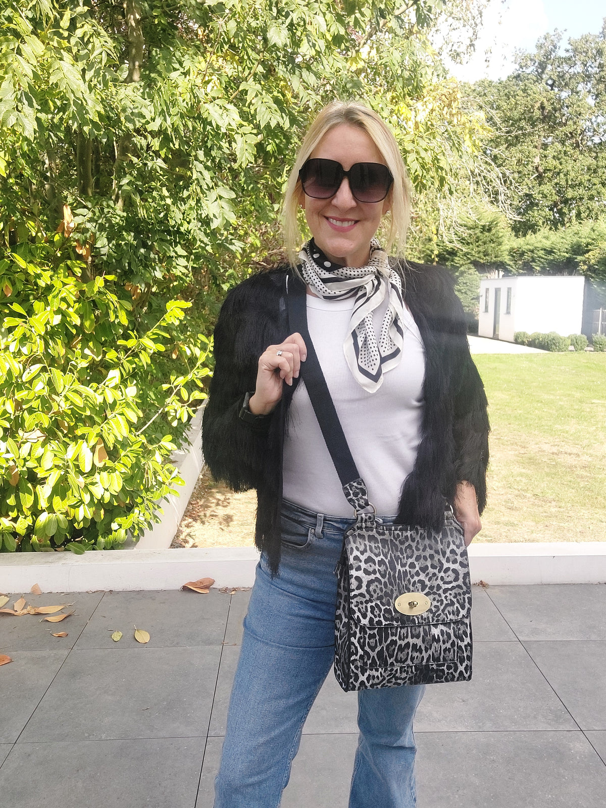 Leopard Print Faux Leather Messenger Bag In Black - Filli London