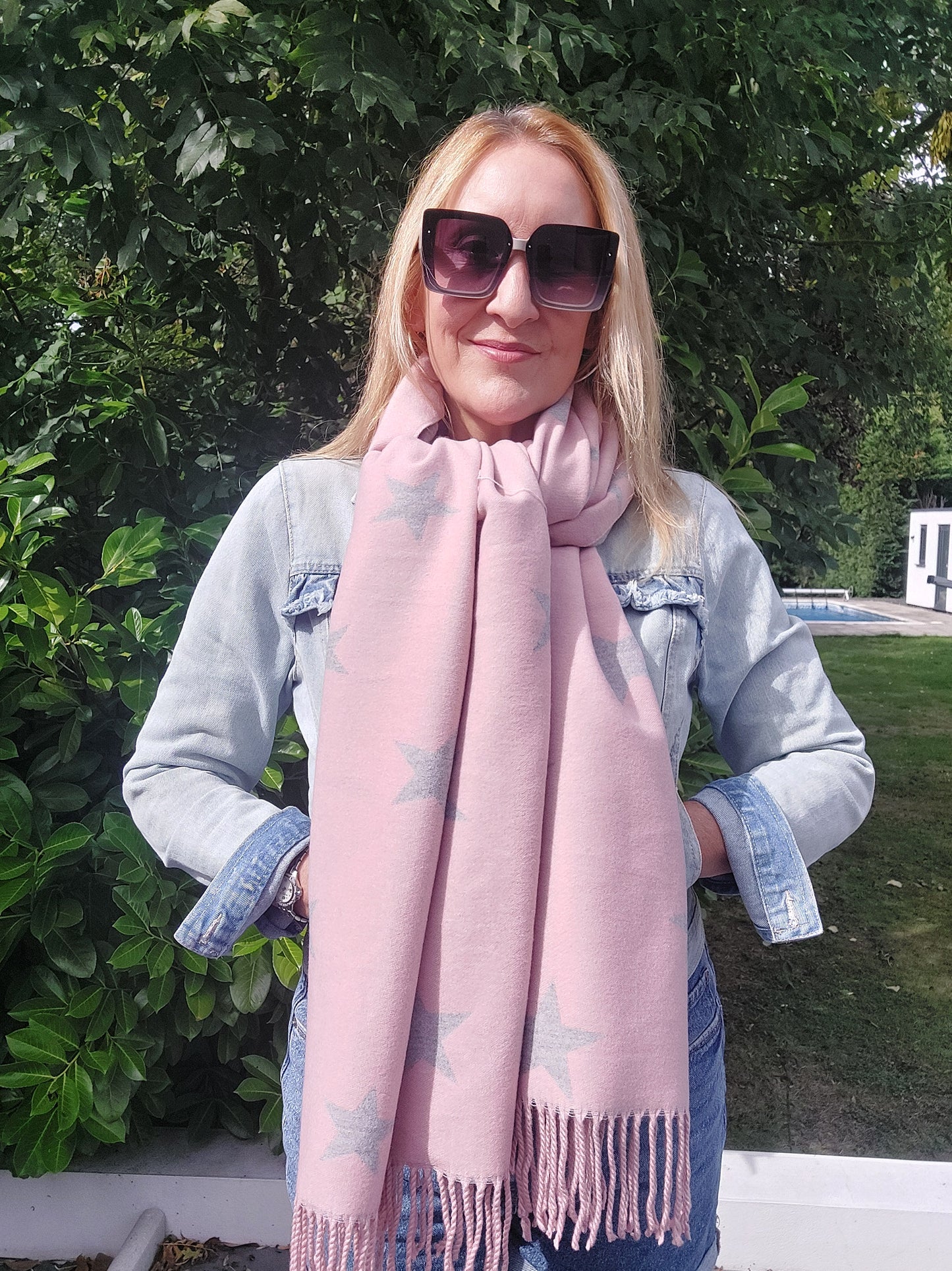 Star Pattern Reversible Winter Cashmere Wrap Tassel Scarf In Pink