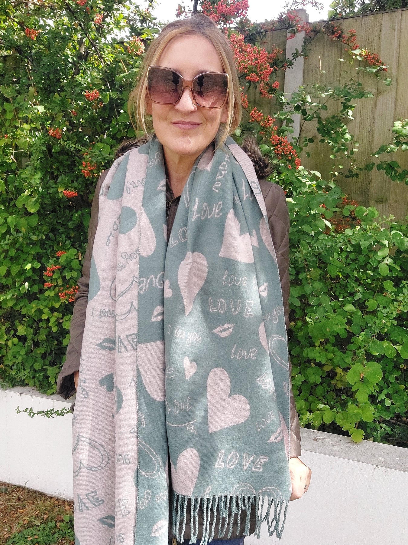 Love Heart Reversible Winter Wrap Scarf With Cashmere In Green