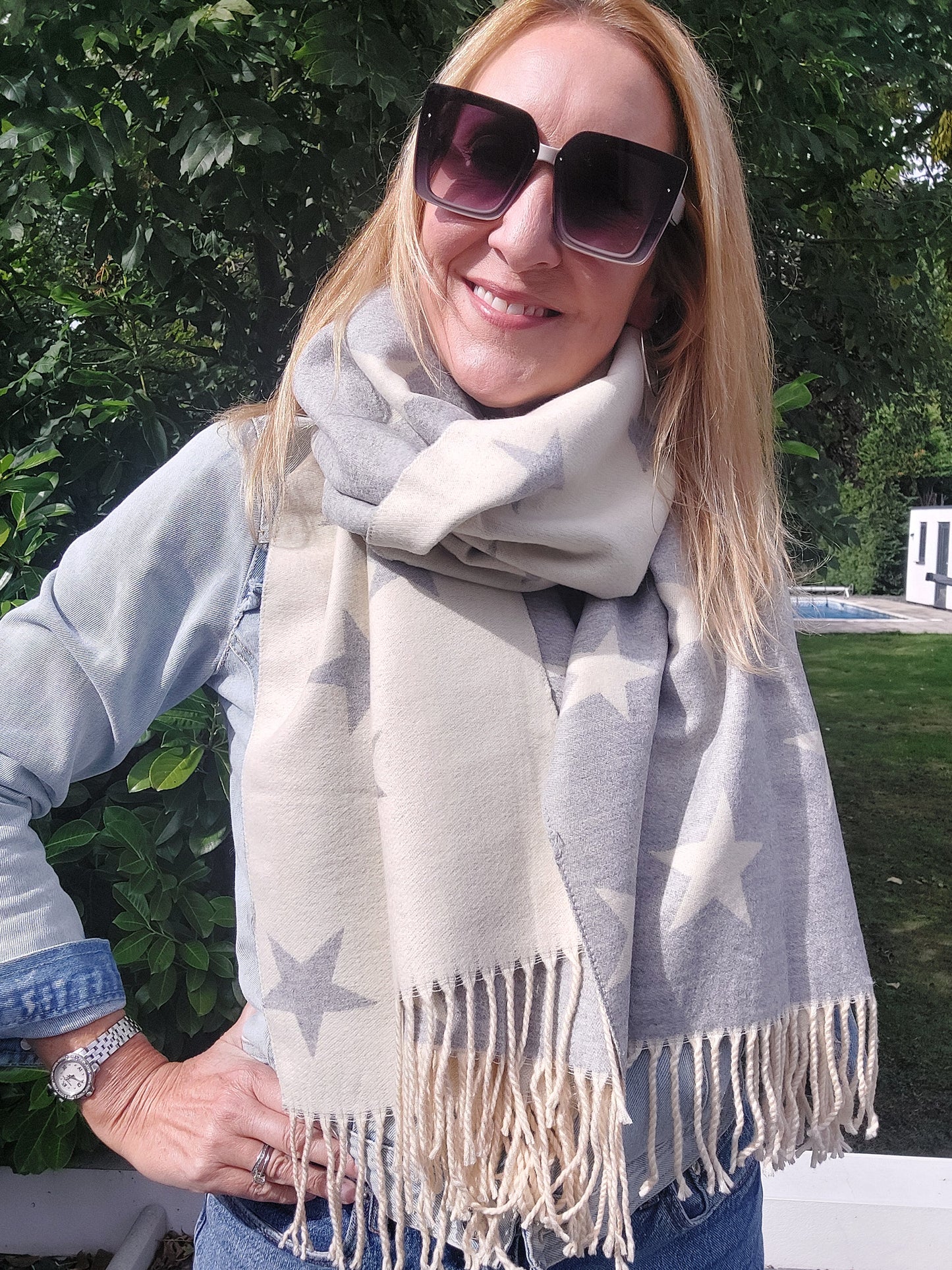 Star Pattern Reversible Winter Cashmere Wrap Tassel Scarf In Cream