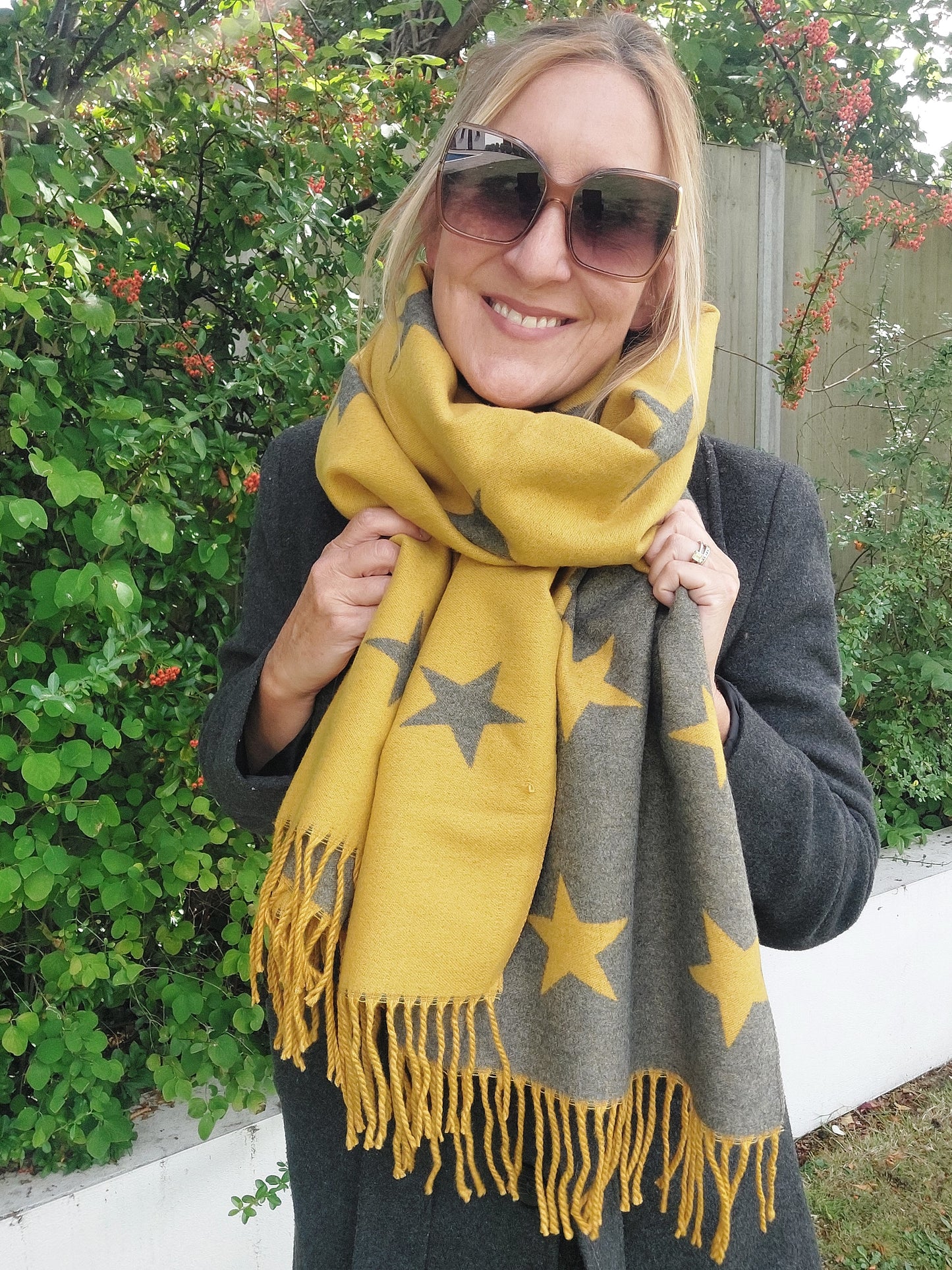 Star Pattern Reversible Winter Cashmere Wrap Tassel Scarf In Mustard