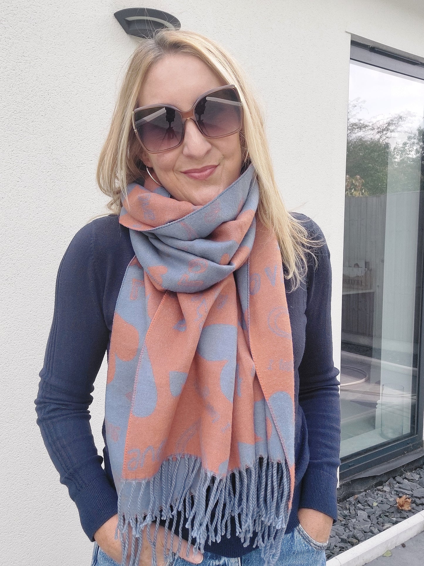 Love Heart Reversible Winter Wrap Scarf With Cashmere In Blue/Orange