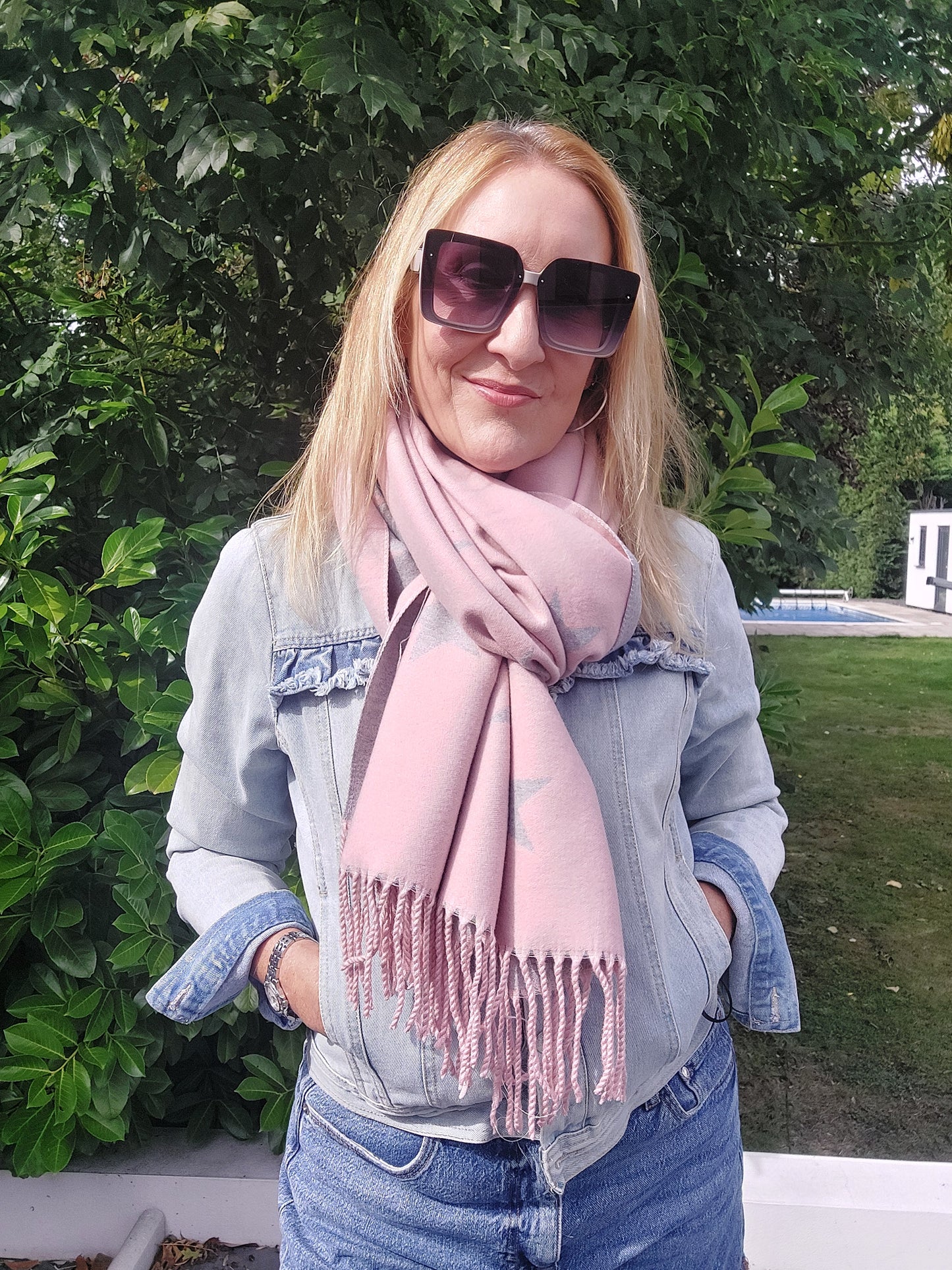 Star Pattern Reversible Winter Cashmere Wrap Tassel Scarf In Pink