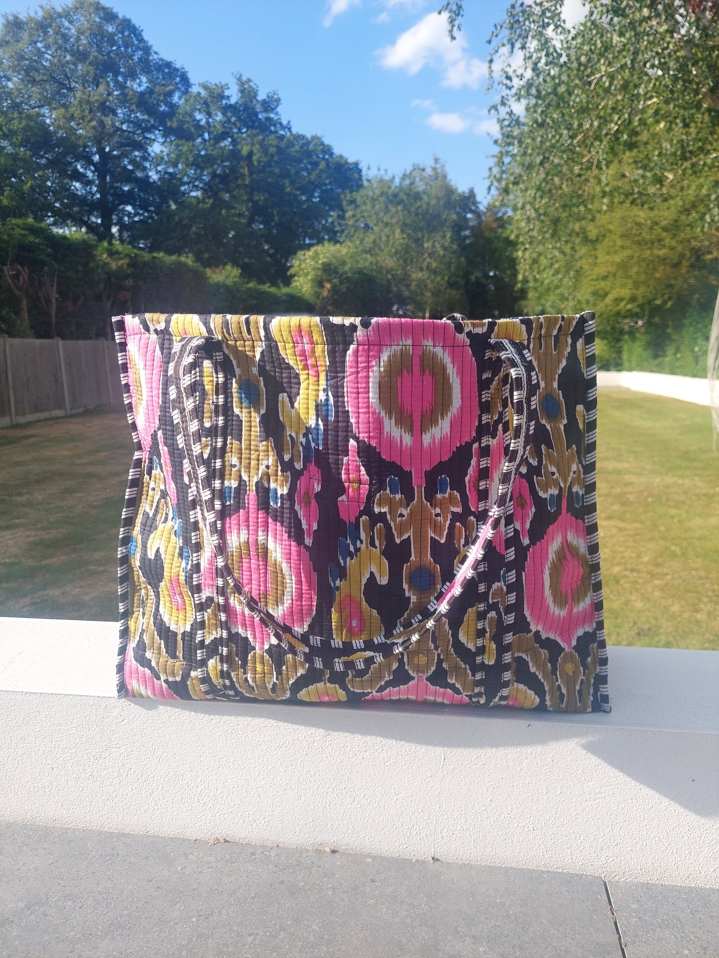 Reversible Quilted Cotton Ikat Print Tote Beach Bag In Navy Blue