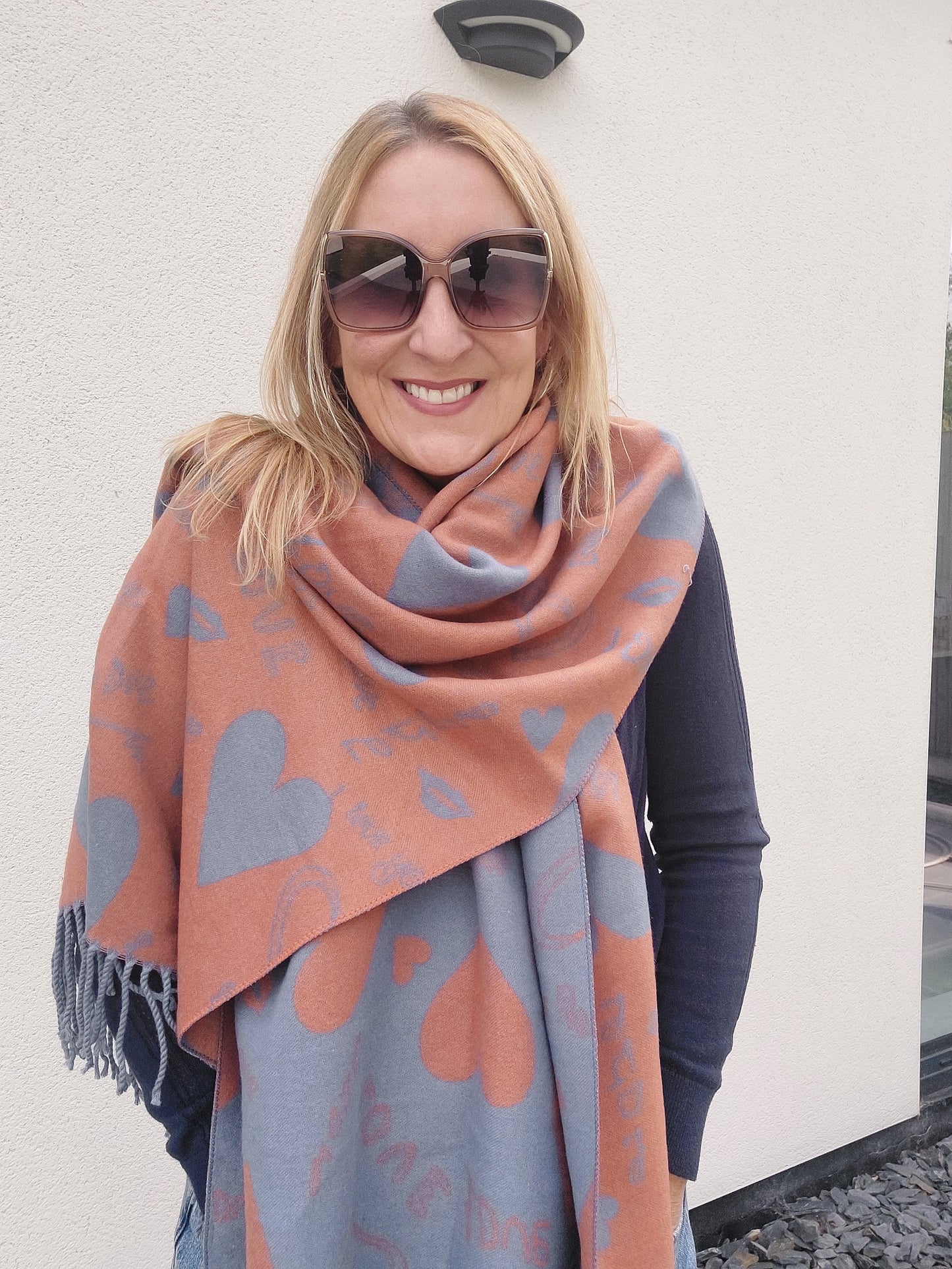Love Heart Reversible Winter Wrap Scarf With Cashmere In Blue/Orange