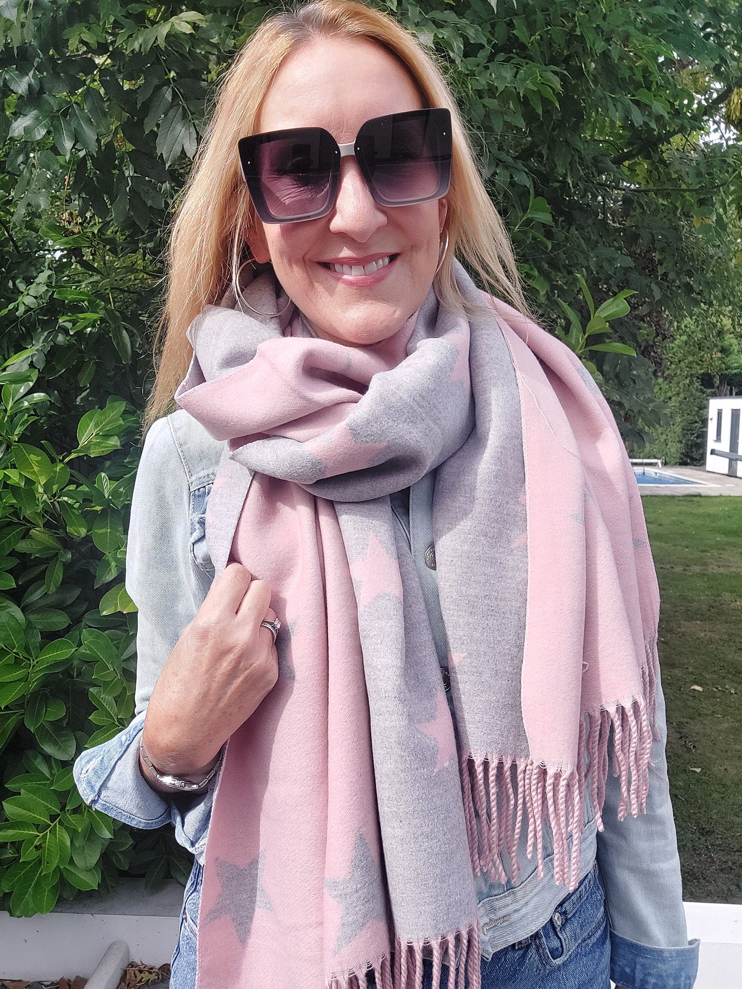 Star Pattern Reversible Winter Cashmere Wrap Tassel Scarf In Pink